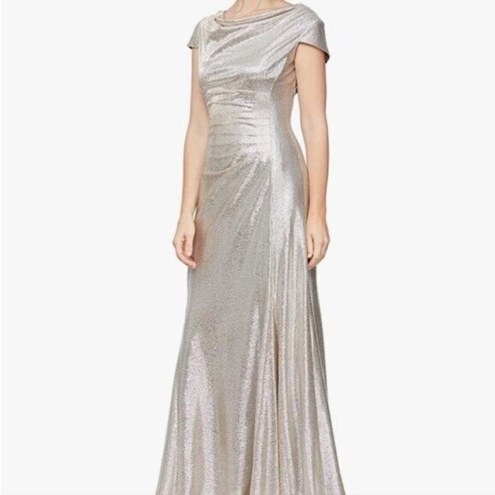 Alex Evenings Silver Maxi Gown with Bateau Neckline and Cap Sleeves